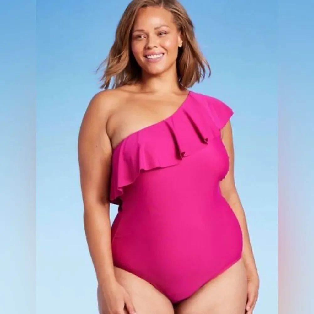Kona Sol Women's Ruffle One Shoulder One Piece Swimsuit Pink NWT Size 20